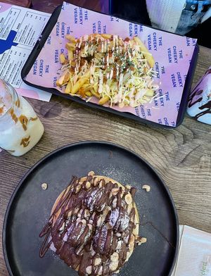 Limited edition Ferrero rocher pancake stack and loaded fries   at The Cheeky Vegan in Exeter
