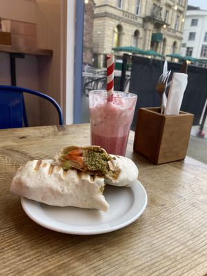 Falafel wrap and Bakewell tart milkshake   at The Cheeky Vegan in Exeter