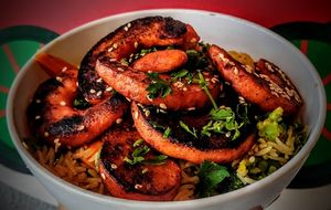 Shrimp Vindaloo Stir Fried Rice: Vindaloo garlic vegan shrimp tossed with lemon garlic stir fried rice, sesame seeds and veggies. at Curry in a Hurry in Omaha