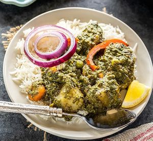 Sabzi Maloni: Flavorful spinach curry mixed with carrots, broccoli, and cauliflower. Served over long grain basmati saffron rice.  at Curry in a Hurry in Omaha