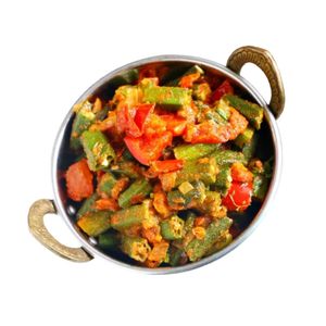Fresh okra cooked with onions, tomatoes, and spices in a Kadhai (wok). The okra is sliced and sautéed with aromatic spices until tender, creating a flavorful and nutritious dish.  at Curry in a Hurry in Omaha