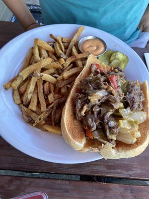 Cheesesteak vegan style with fries   at Johnny Rads in Baltimore
