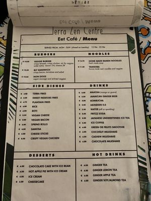 Menu at TerraZen Centre in Amsterdam