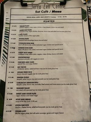 Menu at TerraZen Centre in Amsterdam
