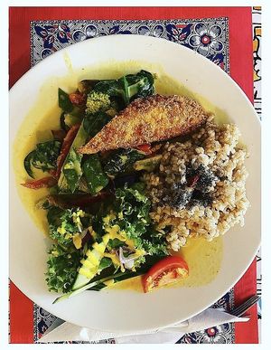 Curry with plantain and vegan chicken   at TerraZen Centre in Amsterdam