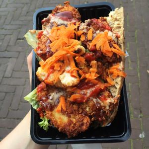 open burger bites with cauliflower and hot sauce  at TerraZen Centre in Amsterdam