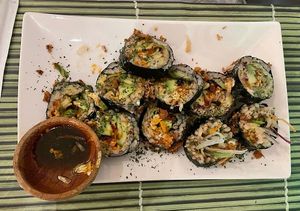 Vegan sushi with fried tempeh and avocado 🥑 at TerraZen Centre in Amsterdam