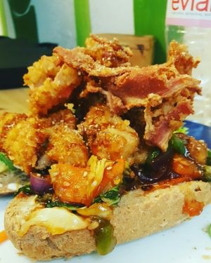 deconstructed vegan burger with bacon! at TerraZen Centre in Amsterdam