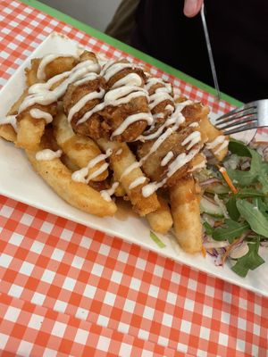 “Chicken” and chips  at TerraZen Centre in Amsterdam