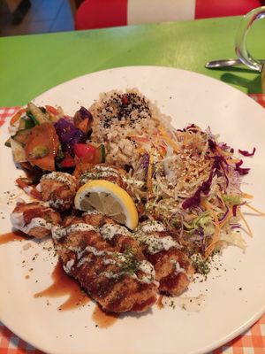 'Vegan plate' with stirfried veggies, crispy vegan chicken, crispy tempeh, rice & salad (18.90) at TerraZen Centre in Amsterdam