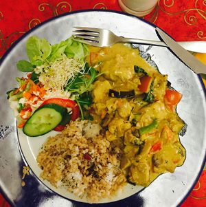 Jamaican plate & coconut milkshake on the top side at TerraZen Centre in Amsterdam