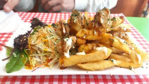 Crispy chicken and fries at TerraZen Centre in Amsterdam