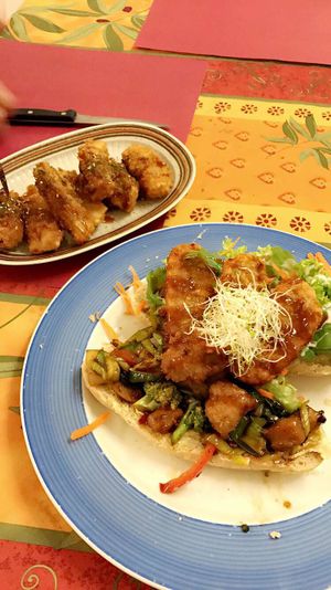 Spring rolls and burger  at TerraZen Centre in Amsterdam