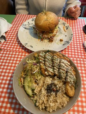 Tempeh Bowl (15,50€), Tempeh Burger (13€)  at TerraZen Centre in Amsterdam
