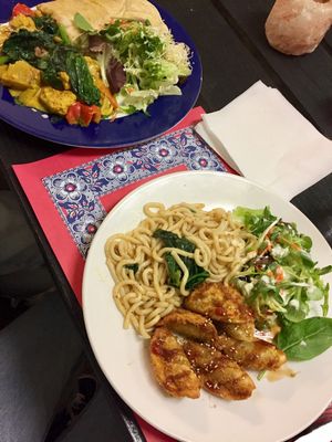 Jamaican plate and gyoza plate at TerraZen Centre in Amsterdam