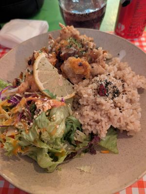 Karaage domburi with vegan chicken at TerraZen Centre in Amsterdam