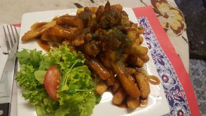 Chicken and chips topped with home made ketchup at TerraZen Centre in Amsterdam