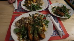 Jamaican Plate, vegan plate & cheese sticks- everything delicious and worth the money  at TerraZen Centre in Amsterdam