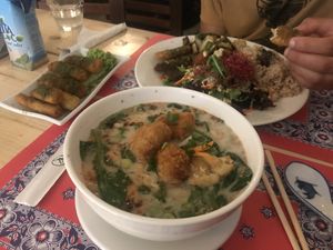 Spring rolls, home made ramen and the vegan plate at TerraZen Centre in Amsterdam