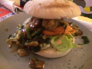 vegan "hot dog" (put on a bun) at TerraZen Centre in Amsterdam