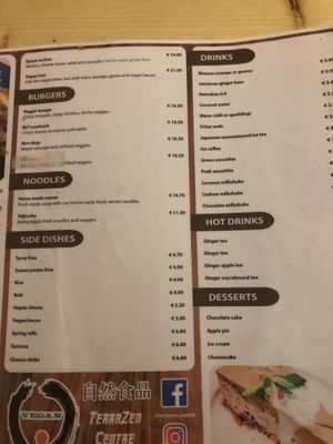 Menu at TerraZen Centre in Amsterdam