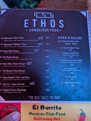 Menu at Ethos Conscious Food in Nairobi