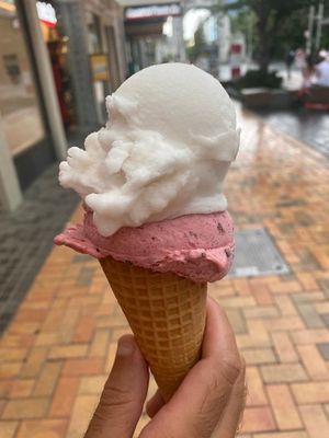 Lemon and lime plus strawberry flavour at Rollickin Gelato Cafe in Christchurch