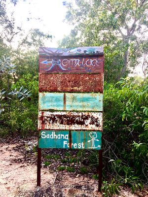 Cool sign on the route to SF   at Sadhana Forest Seva Kitchen in Auroville