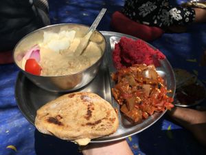 Hummus lunch!  at Sadhana Forest Seva Kitchen in Auroville