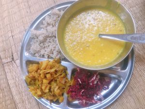 rice, salada, soup,  at Sadhana Forest Seva Kitchen in Auroville