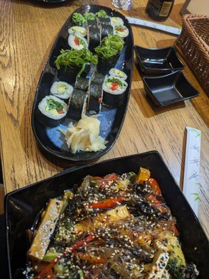 Vegan sushi plate and noodle dish. Not bad! at Sushi Han in Brasov