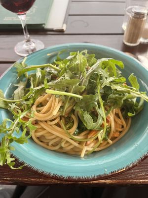 Pasta with chanterelle and arugula.. very oily!   at Filos in Cologne