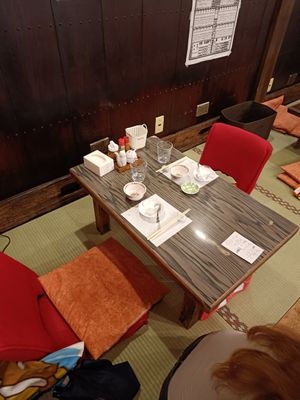Traditional Japanese low table but also bar seats at Heianraku in Takayama