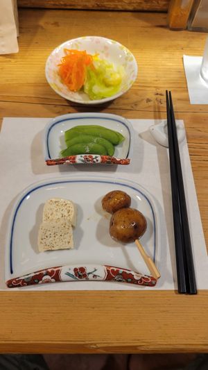 Starters, tofu/potatoes, edamame at Heianraku in Takayama