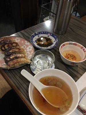 Sake, gyoza and soup  at Heianraku in Takayama
