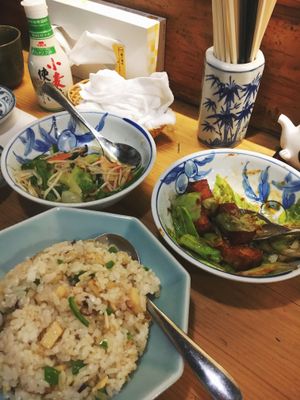 Stir fried veg, tofu and cabbage with sweet miso and vegan fried rice  at Heianraku in Takayama