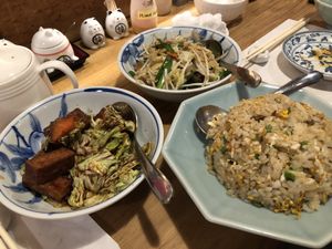 Vegetarian fried rice (has egg), miso tofu and cabbage, and stir fried vegetables  at Heianraku in Takayama