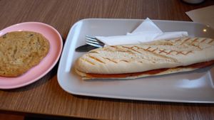 Tofurkey ham, cheese and aioli sandwich. Vegan choc chip cookie at Valkyrjan Bistro & Bar in Reykjavik