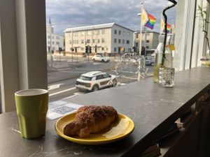 Espresso and chocolate croissant  at Valkyrjan Bistro & Bar in Reykjavik