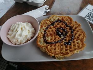 Waffle with rhubarb syrup at Valkyrjan Bistro & Bar in Reykjavik