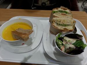 Delicious sandwich, salad, and soup from Urban Herbivore. at Urban Herbivore - Eaton Centre in Toronto