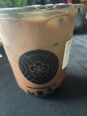 Chocolate latte with oat milk and black pearl bobas.  at Oishii Tea in Brampton