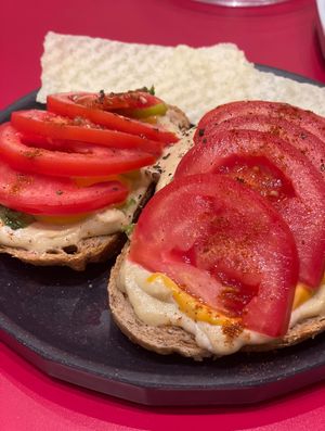 Simple open sandwich with tomatoes  at Cosmos Grocery Cafe in Seoul