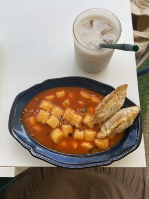 Tteokkbeokki and misugaru latte  at Cosmos Grocery Cafe in Seoul