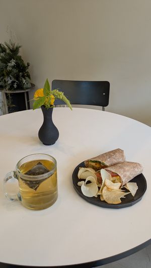 Peppermint tea and crunchy tofu wrap at Cosmos Grocery Cafe in Seoul