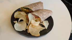 Crunchy tofu wrap with chips at Cosmos Grocery Cafe in Seoul