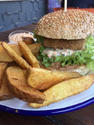 Tofu peanut burger. Filling and yummy!  at EmmaPea Vegan Food and Bar in Berlin