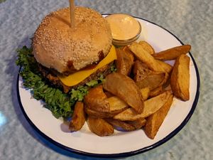 Burger with the homemade bean patty at EmmaPea Vegan Food and Bar in Berlin