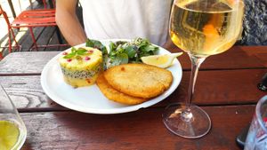 Sellery schnitzel with mixed mash and salad at EmmaPea Vegan Food and Bar in Berlin