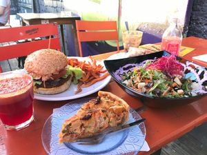 Vegan quiche, salad and burger at EmmaPea at EmmaPea Vegan Food and Bar in Berlin